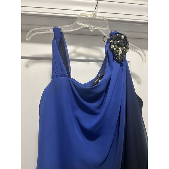R&M Richards Embellished One Shoulder Chiffon Dress Size 14 Blue Ombré Cocktail - Picture 4 of 7